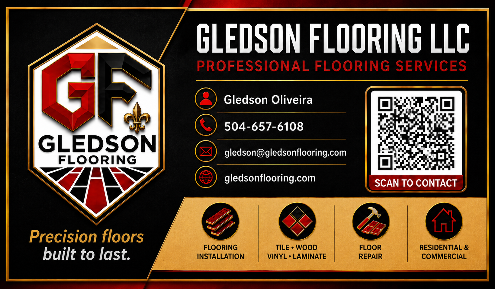 Gledson Flooring LLC contact card with QR code